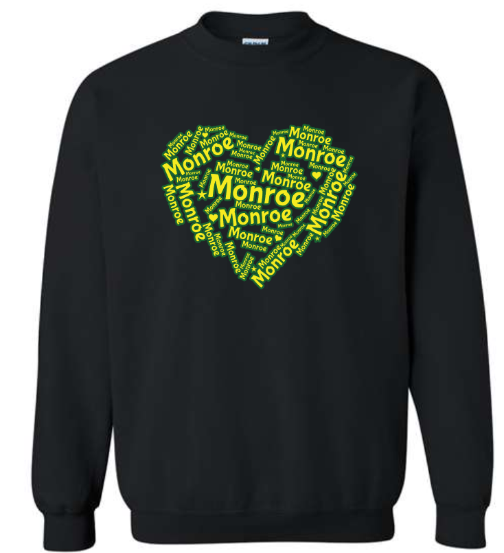 Monroe Elementary- Burst and Word Heart Designs CrewNeck and Hoodie Sweatshirts (ADULT Sizes)