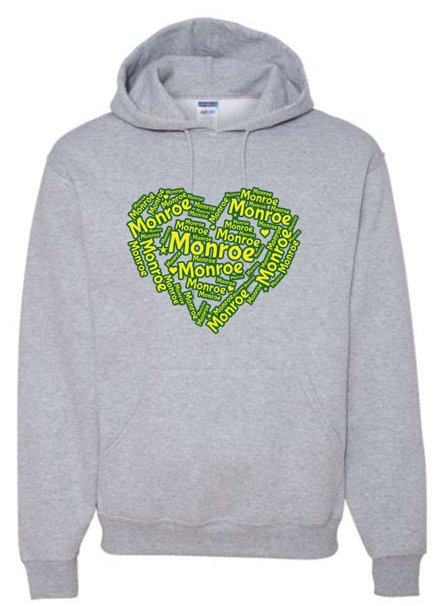 Monroe Elementary- Burst and Word Heart Designs CrewNeck and Hoodie Sweatshirts (ADULT Sizes)