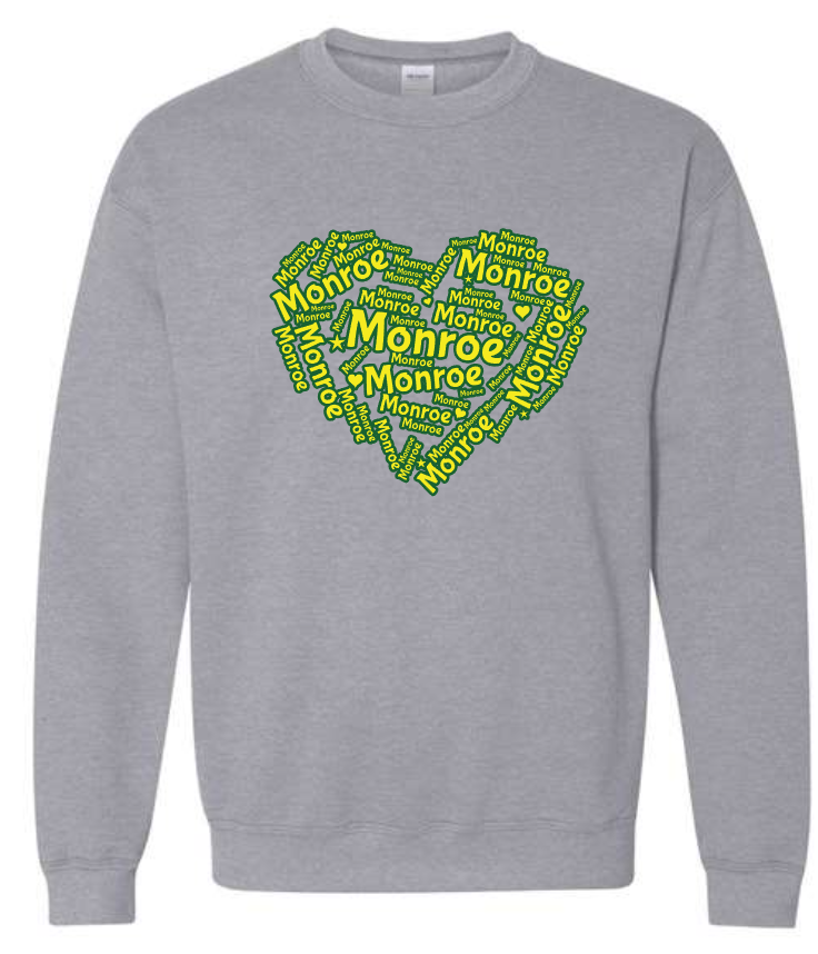 Monroe Elementary- Burst and Word Heart Designs CrewNeck and Hoodie Sweatshirts (ADULT Sizes)